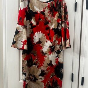 Calvin Klein Red Floral Midi Dress with Beige and Black Accents